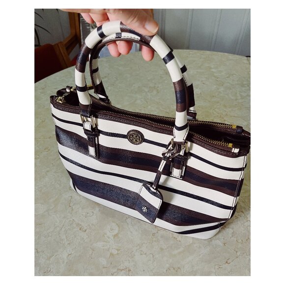 Tory Burch Saffiano Robinson Double Zip Tote Bag Striped - Picture 1 of 10